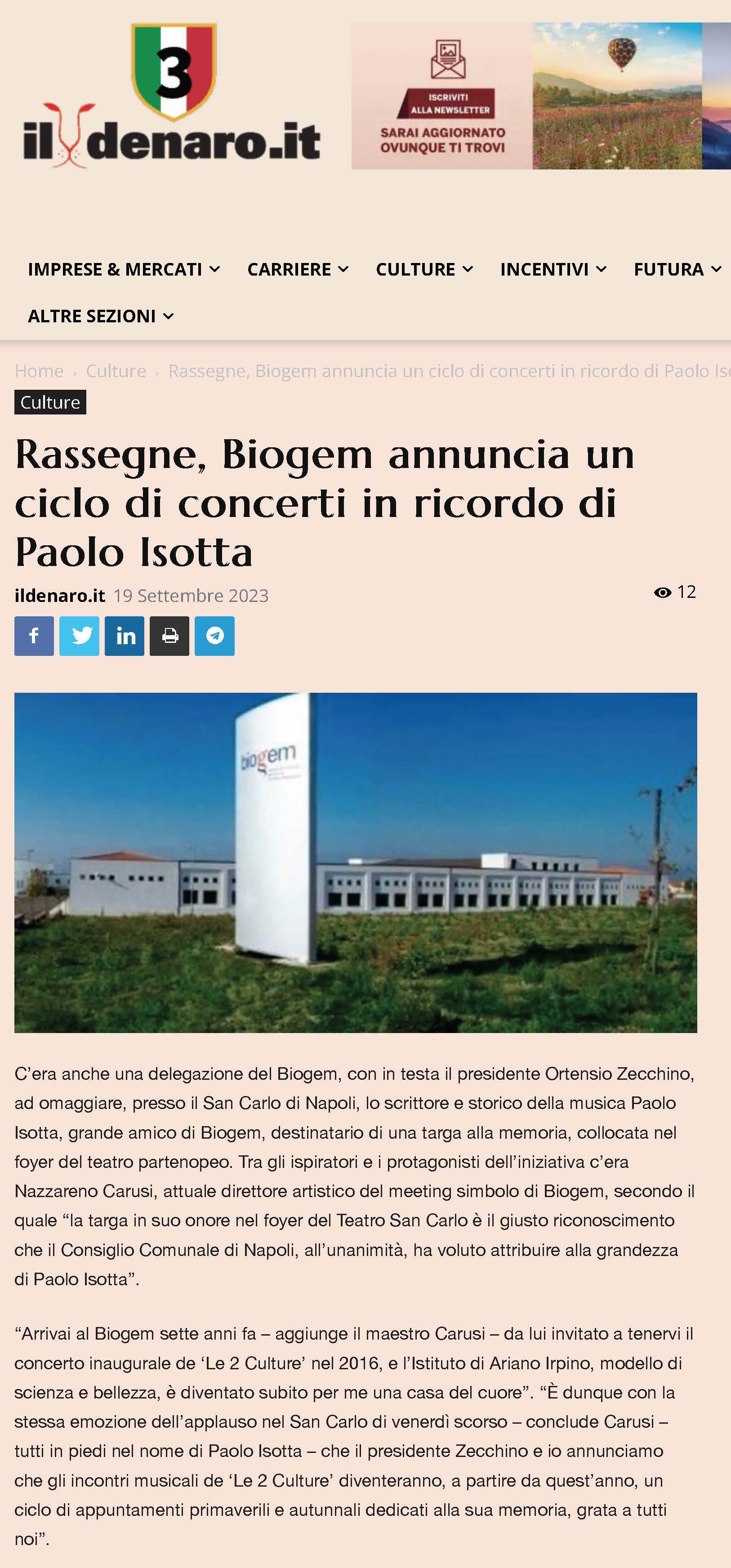 Rassegne, Biogem annuncia un ciclo di concerti in ricordo di Paolo Isotta